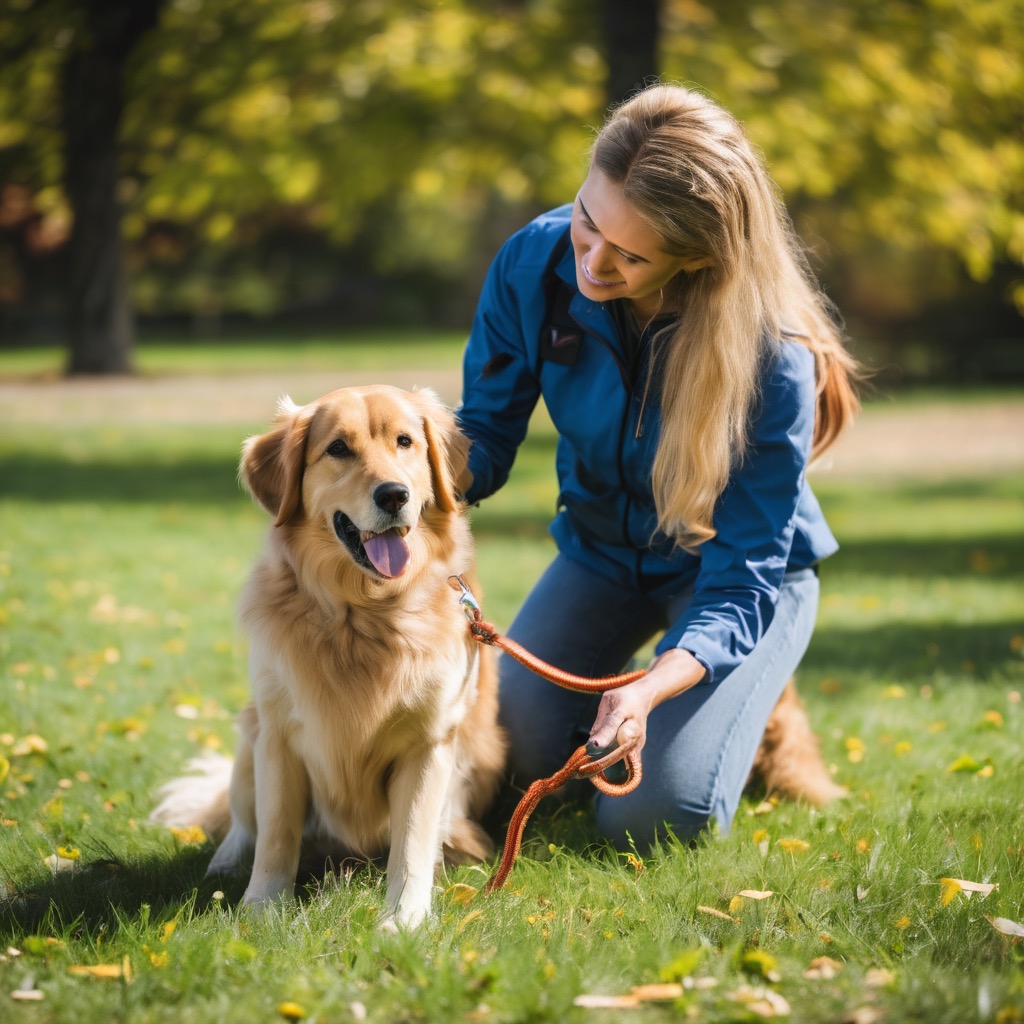 Dog care professional working with a leashed dog