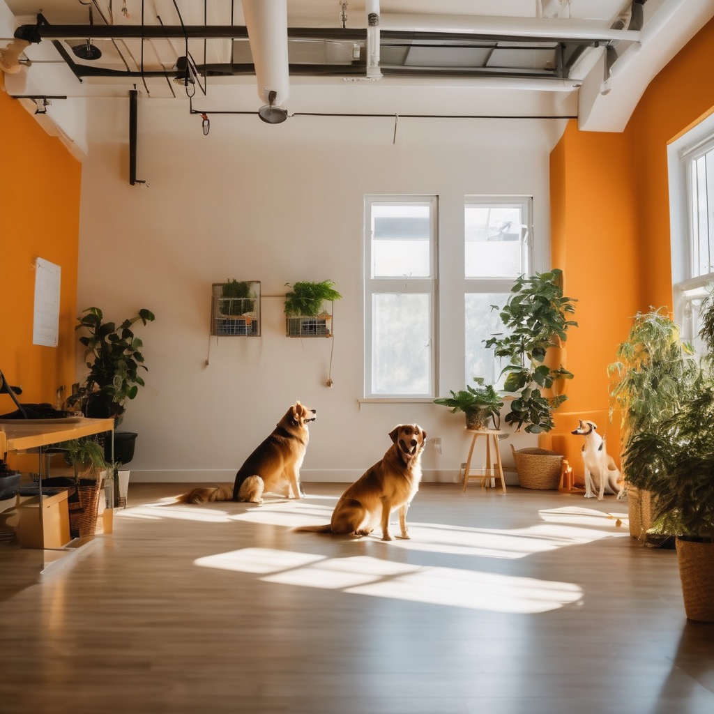 Professional dog daycare facility with happy dogs playing in a bright, modern room