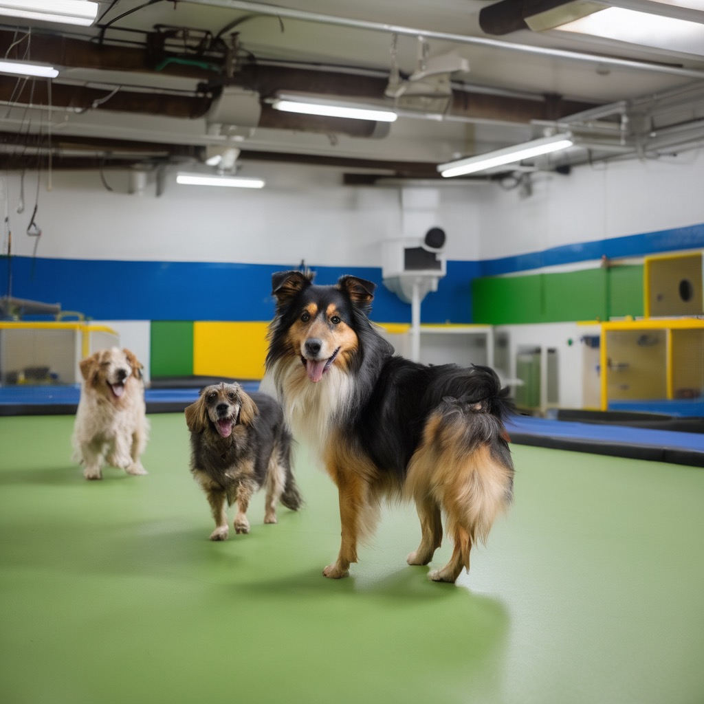 Multiple dogs playing together in a modern, well-lit daycare facility