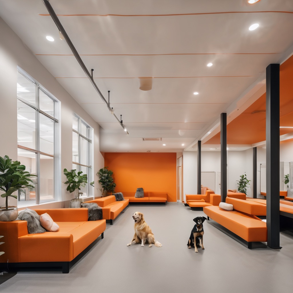 Professional pet care facility interior with modern design and comfortable spaces for animals