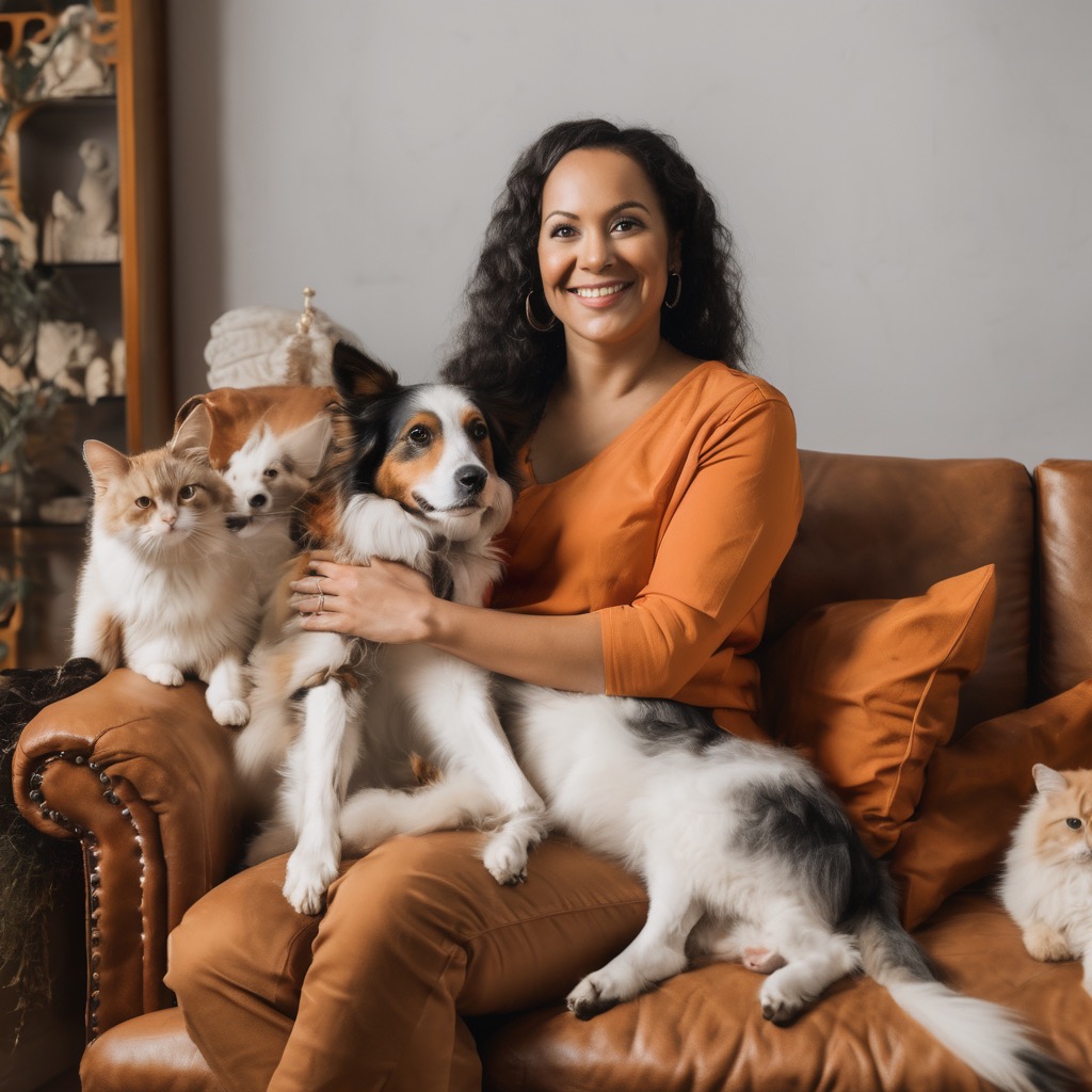Professional pet care provider with multiple pets indoors, showing trustworthy interaction and handling