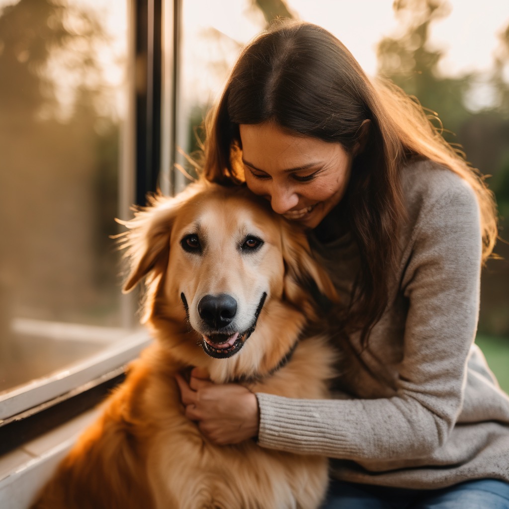 A pet owner and their dog showing affection and trust after a boarding stay