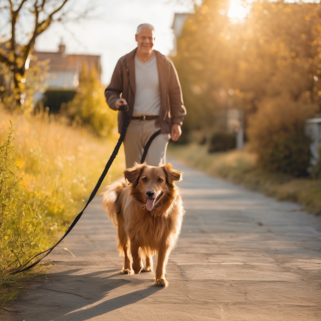 Senior man jogging with golden dog on leash during golden hour