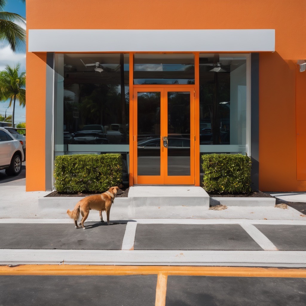 Modern storefront of a professional pet care facility in Miami